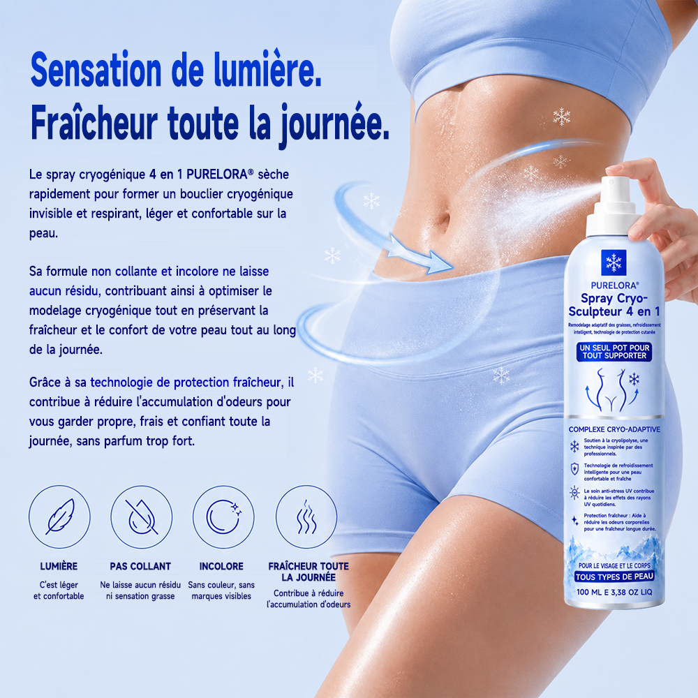 PURELORA® Cryo Sculpt Mist 4-en-1 : technologie adaptative de remodelage par le froid, refroidissement intelligent, protection cutanée et fraîcheur.