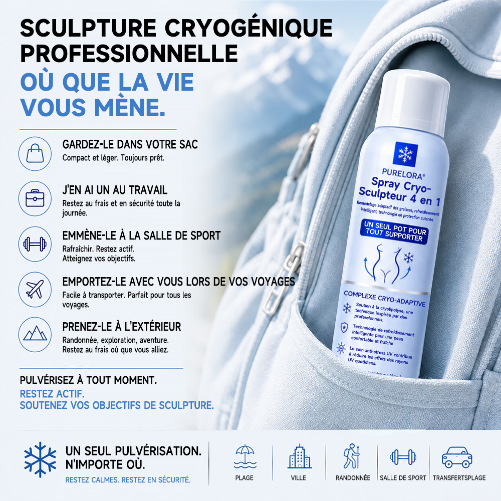 PURELORA® Cryo Sculpt Mist 4-en-1 : technologie adaptative de remodelage par le froid, refroidissement intelligent, protection cutanée et fraîcheur.