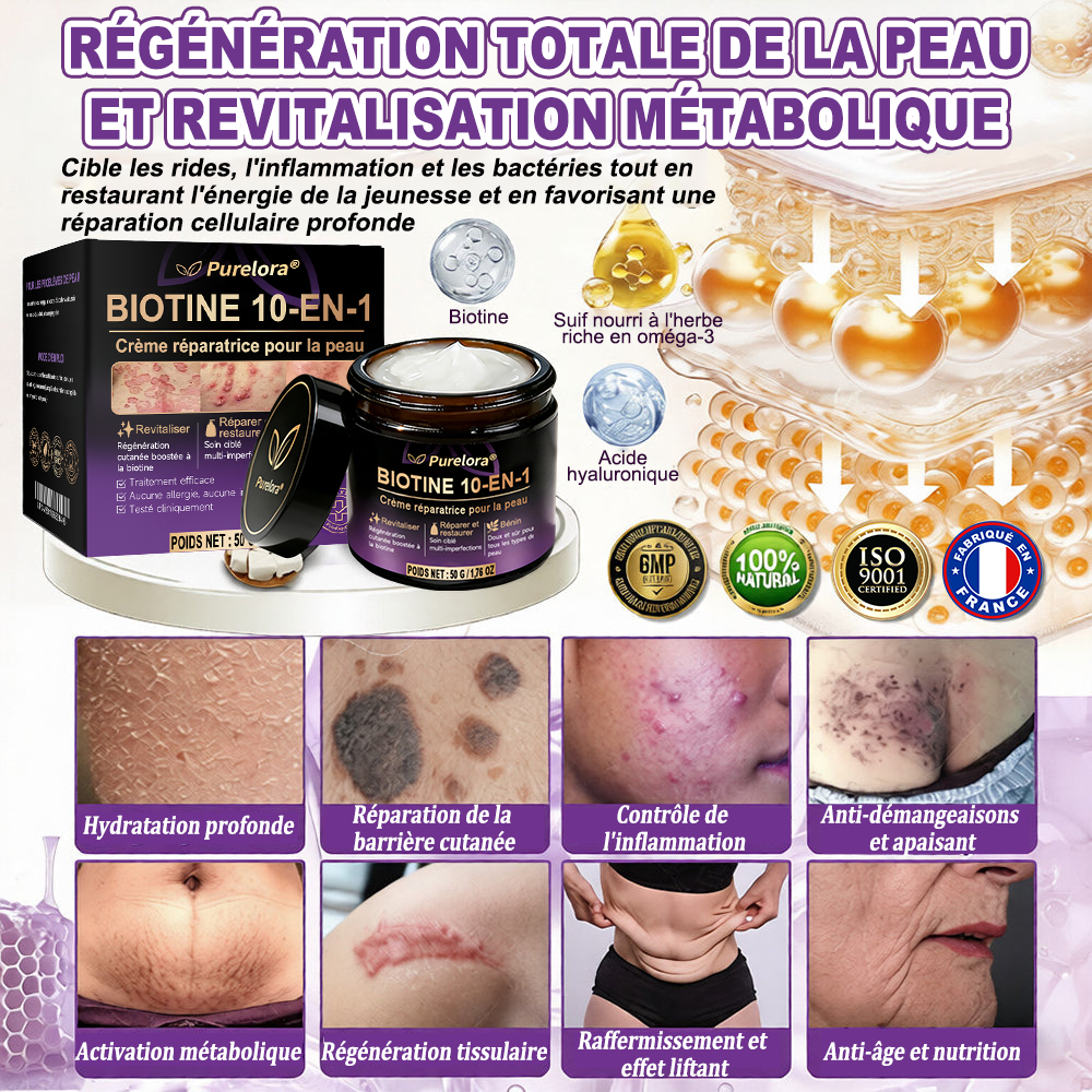 Fabriquée et expédiée depuis la France 🍁 Purelora® Crème réparatrice pour la peau à la biotine 10-en-1 — Dernier jour de promotion : -75 %