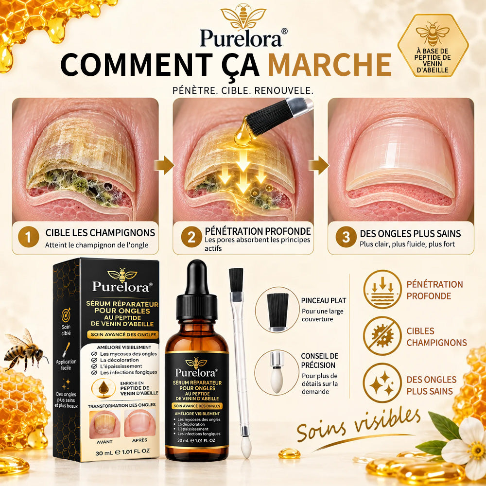 Sérum réparateur pour ongles et pieds Purelora® à base de peptides de venin d'abeille, pour le soin des mycoses des ongles, des ongles jaunes, des ongles épais et le soutien à la récupération du pied d'athlète.