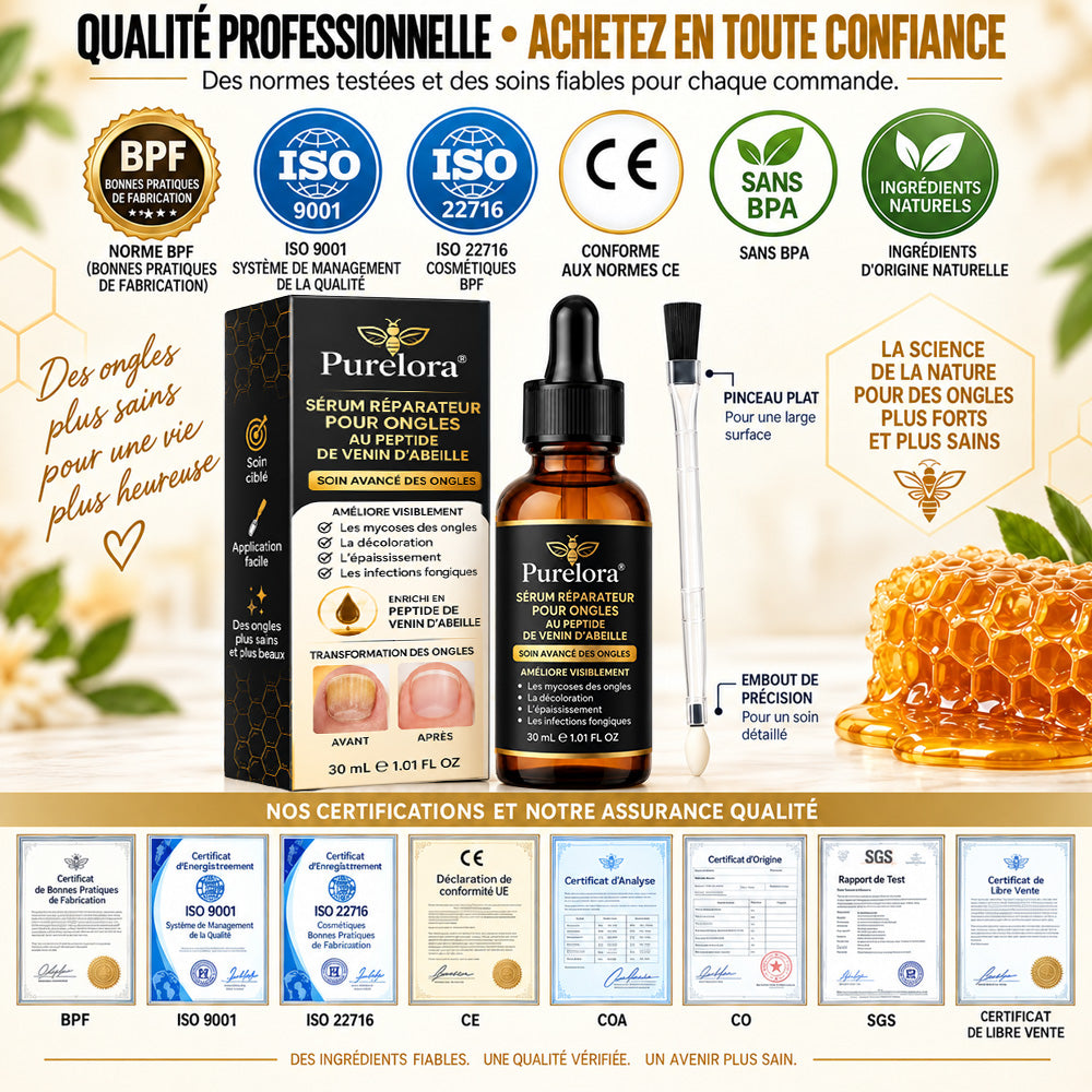 Sérum réparateur pour ongles et pieds Purelora® à base de peptides de venin d'abeille, pour le soin des mycoses des ongles, des ongles jaunes, des ongles épais et le soutien à la récupération du pied d'athlète.