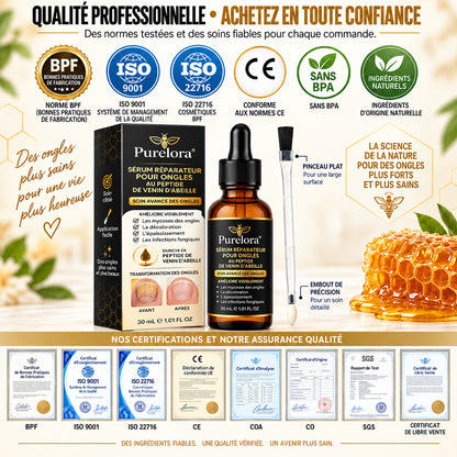 Sérum réparateur pour ongles et pieds Purelora® à base de peptides de venin d'abeille, pour le soin des mycoses des ongles, des ongles jaunes, des ongles épais et le soutien à la récupération du pied d'athlète.