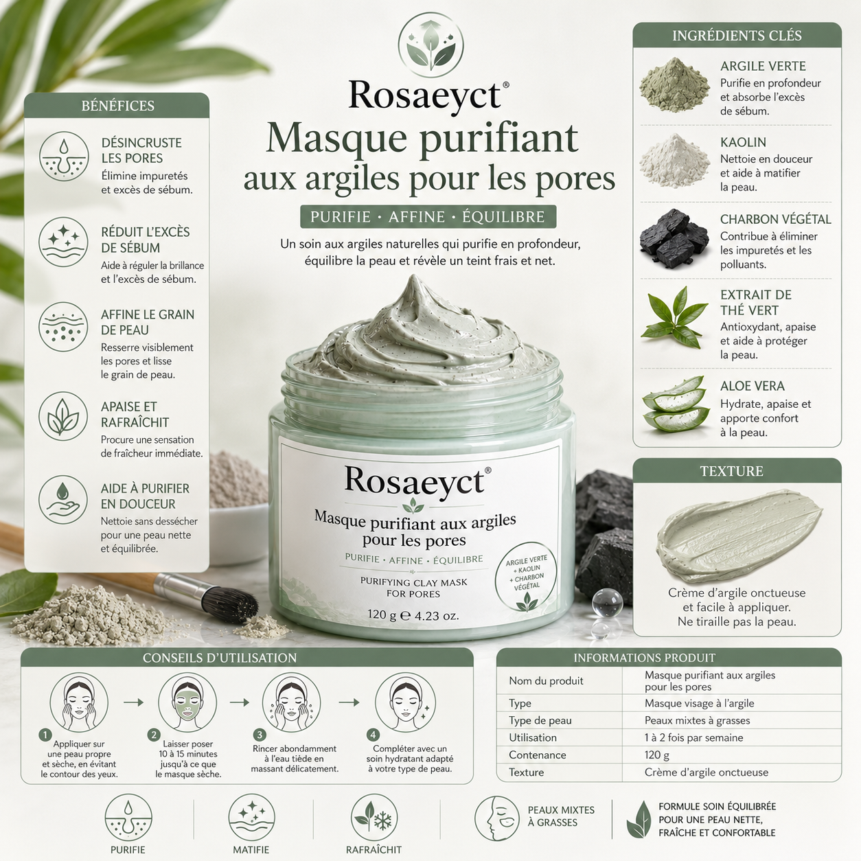 Rosaeyct® Masque purifiant aux argiles pour les pores