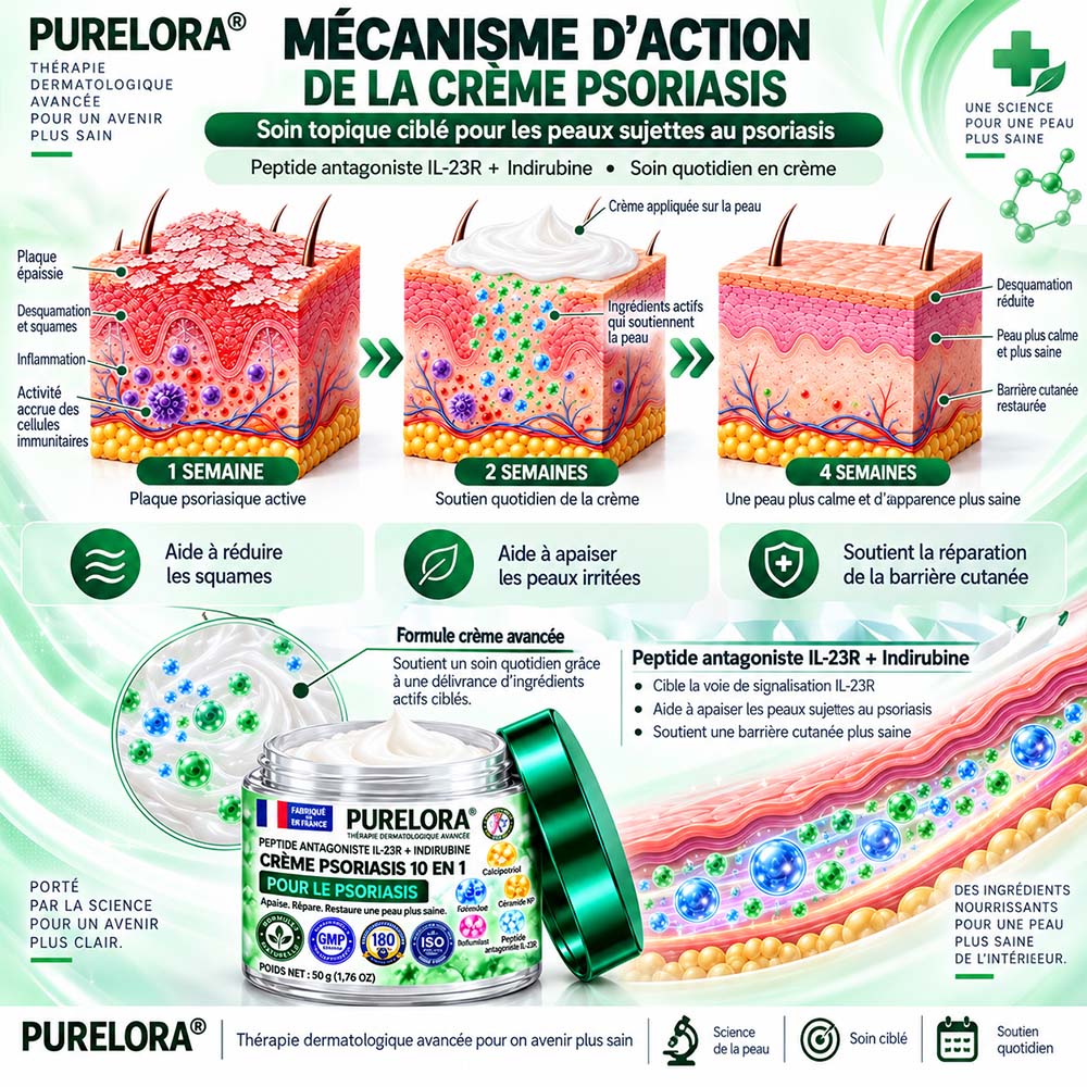 Boutique officielle | 💧 Purelora® Crème 10-en-1 au peptide antagoniste IL-23R + indirubine pour peaux sujettes au psoriasis — aide à réduire rougeurs, squames, sécheresse et démangeaisons et à soutenir la barrière cutanée.