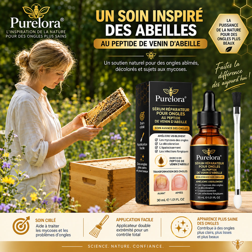 Sérum réparateur pour ongles et pieds Purelora® à base de peptides de venin d'abeille, pour le soin des mycoses des ongles, des ongles jaunes, des ongles épais et le soutien à la récupération du pied d'athlète.