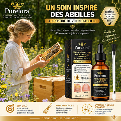 Sérum réparateur pour ongles et pieds Purelora® à base de peptides de venin d'abeille, pour le soin des mycoses des ongles, des ongles jaunes, des ongles épais et le soutien à la récupération du pied d'athlète.