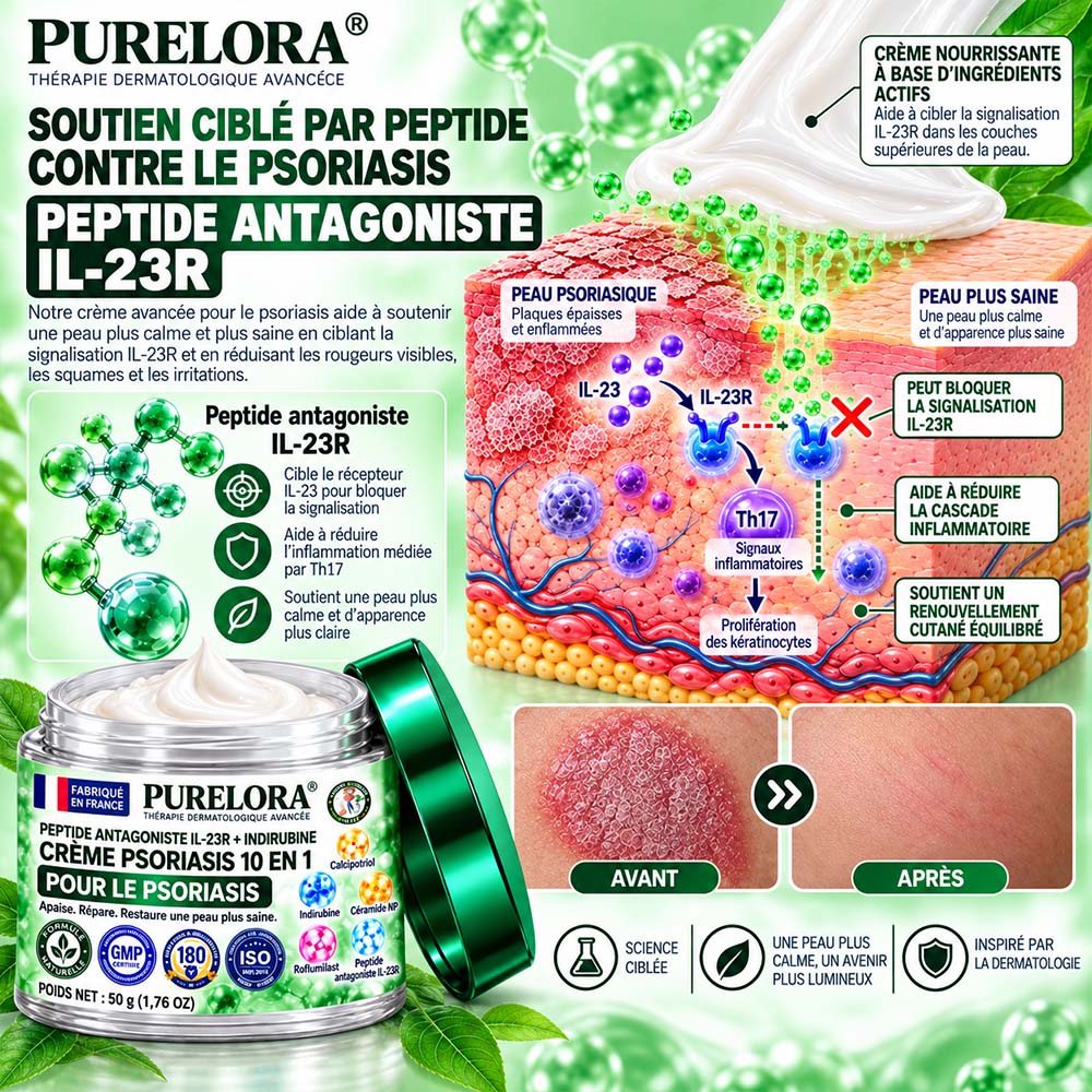 Boutique officielle | 💧 Purelora® Crème 10-en-1 au peptide antagoniste IL-23R + indirubine pour peaux sujettes au psoriasis — aide à réduire rougeurs, squames, sécheresse et démangeaisons et à soutenir la barrière cutanée.