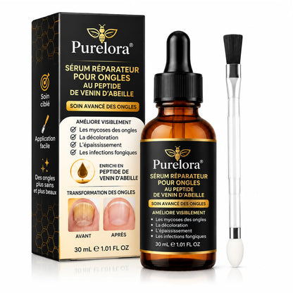 Sérum réparateur pour ongles et pieds Purelora® à base de peptides de venin d'abeille, pour le soin des mycoses des ongles, des ongles jaunes, des ongles épais et le soutien à la récupération du pied d'athlète.