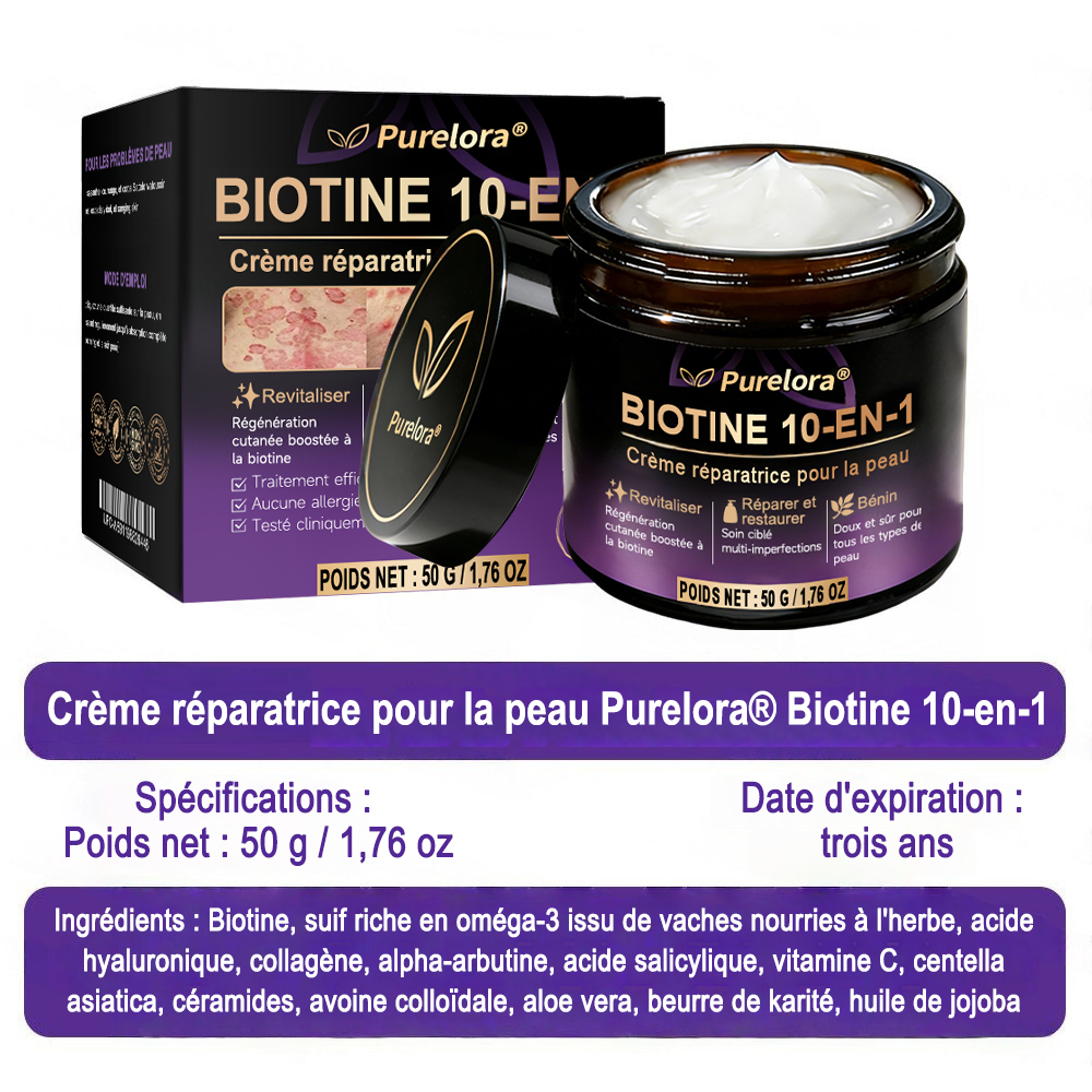 Fabriquée et expédiée depuis la France 🍁 Purelora® Crème réparatrice pour la peau à la biotine 10-en-1 — Dernier jour de promotion : -75 %