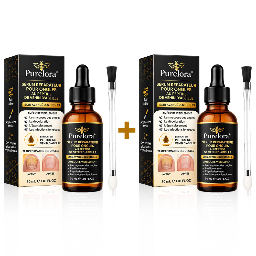 Sérum réparateur pour ongles et pieds Purelora® à base de peptides de venin d'abeille, pour le soin des mycoses des ongles, des ongles jaunes, des ongles épais et le soutien à la récupération du pied d'athlète.