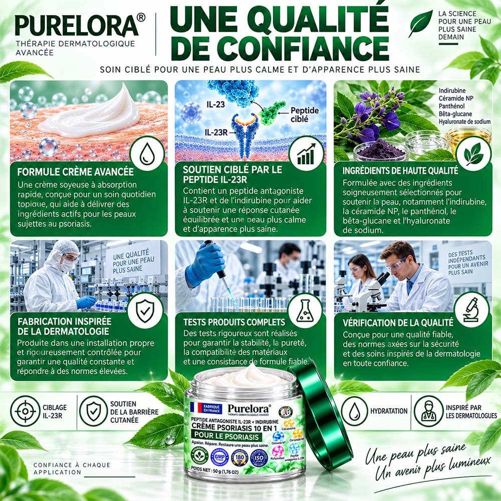 Boutique officielle | 💧 Purelora® Crème 10-en-1 au peptide antagoniste IL-23R + indirubine pour peaux sujettes au psoriasis — aide à réduire rougeurs, squames, sécheresse et démangeaisons et à soutenir la barrière cutanée.