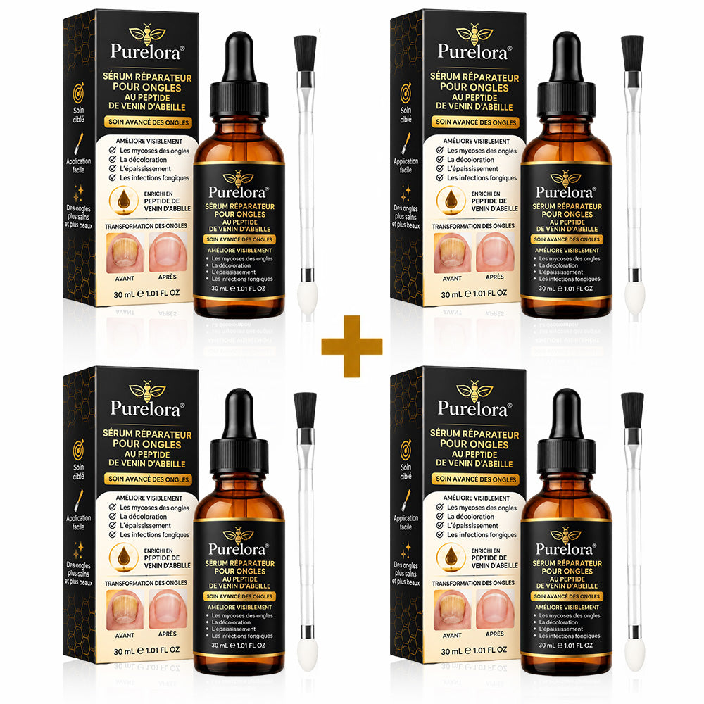 Sérum réparateur pour ongles et pieds Purelora® à base de peptides de venin d'abeille, pour le soin des mycoses des ongles, des ongles jaunes, des ongles épais et le soutien à la récupération du pied d'athlète.