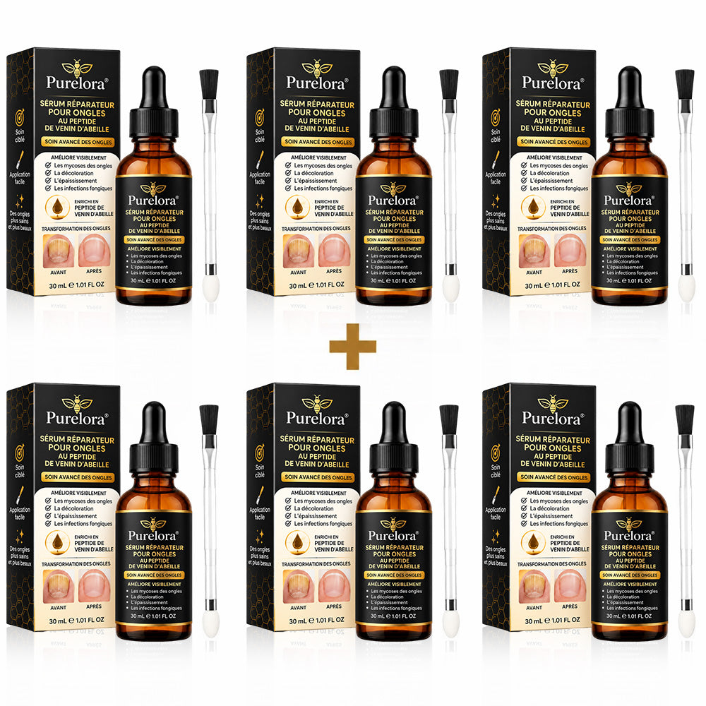 Sérum réparateur pour ongles et pieds Purelora® à base de peptides de venin d'abeille, pour le soin des mycoses des ongles, des ongles jaunes, des ongles épais et le soutien à la récupération du pied d'athlète.