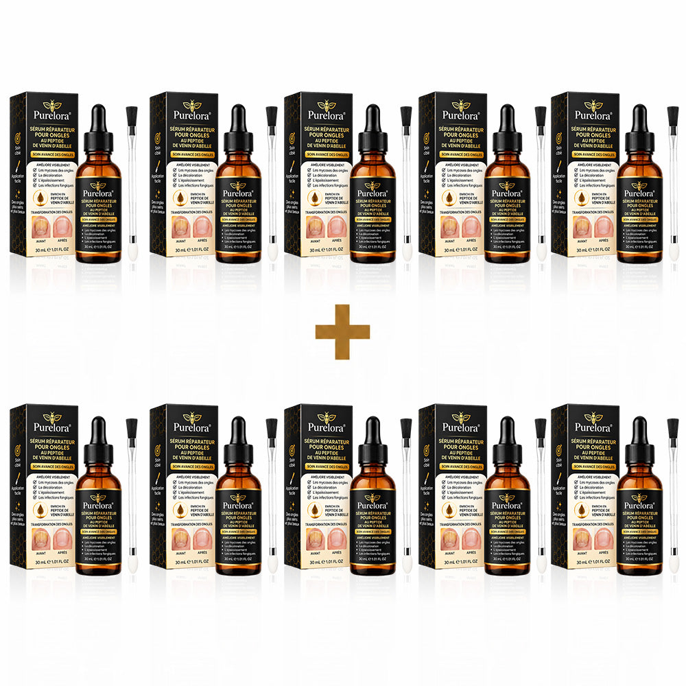 Sérum réparateur pour ongles et pieds Purelora® à base de peptides de venin d'abeille, pour le soin des mycoses des ongles, des ongles jaunes, des ongles épais et le soutien à la récupération du pied d'athlète.