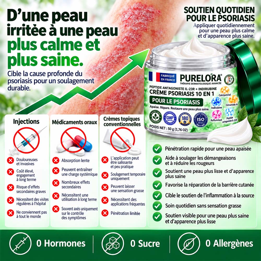Boutique officielle | 💧 Purelora® Crème 10-en-1 au peptide antagoniste IL-23R + indirubine pour peaux sujettes au psoriasis — aide à réduire rougeurs, squames, sécheresse et démangeaisons et à soutenir la barrière cutanée.