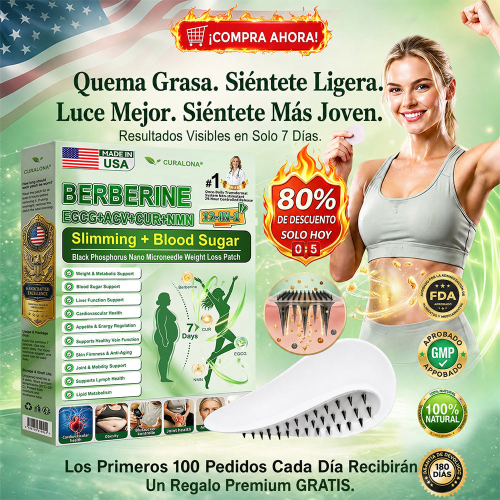 Boutique officielle Curalona® | Patch minceur à nano-aiguilles au phosphore noir Curalona® — Formule 12 en 1 : Berbérine + NMN + Vinaigre de cidre | Favorise la combustion des graisses | Résultats visibles en seulement 7 jours !