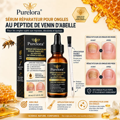 Sérum réparateur pour ongles et pieds Purelora® à base de peptides de venin d'abeille, pour le soin des mycoses des ongles, des ongles jaunes, des ongles épais et le soutien à la récupération du pied d'athlète.