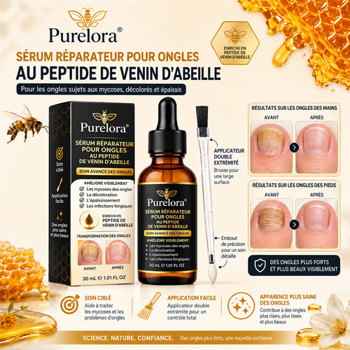 Sérum réparateur pour ongles et pieds Purelora® à base de peptides de venin d'abeille, pour le soin des mycoses des ongles, des ongles jaunes, des ongles épais et le soutien à la récupération du pied d'athlète.