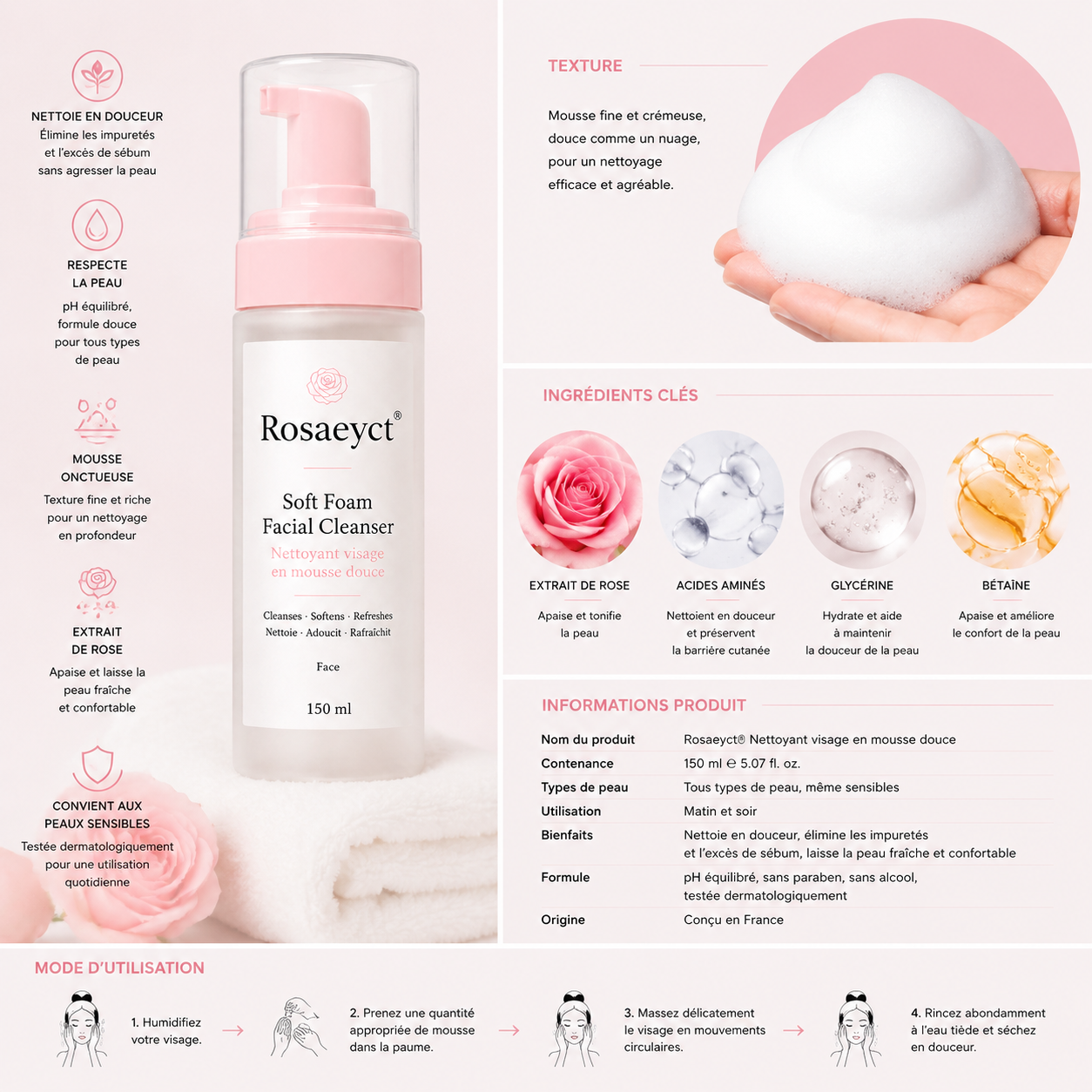 Rosaeyct® Nettoyant visage en mousse douce