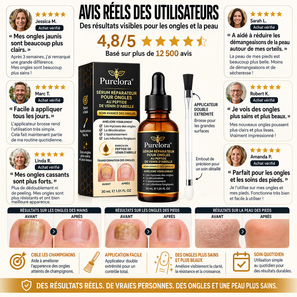 Sérum réparateur pour ongles et pieds Purelora® à base de peptides de venin d'abeille, pour le soin des mycoses des ongles, des ongles jaunes, des ongles épais et le soutien à la récupération du pied d'athlète.