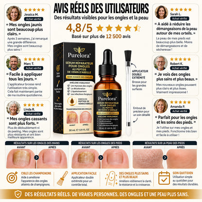 Sérum réparateur pour ongles et pieds Purelora® à base de peptides de venin d'abeille, pour le soin des mycoses des ongles, des ongles jaunes, des ongles épais et le soutien à la récupération du pied d'athlète.
