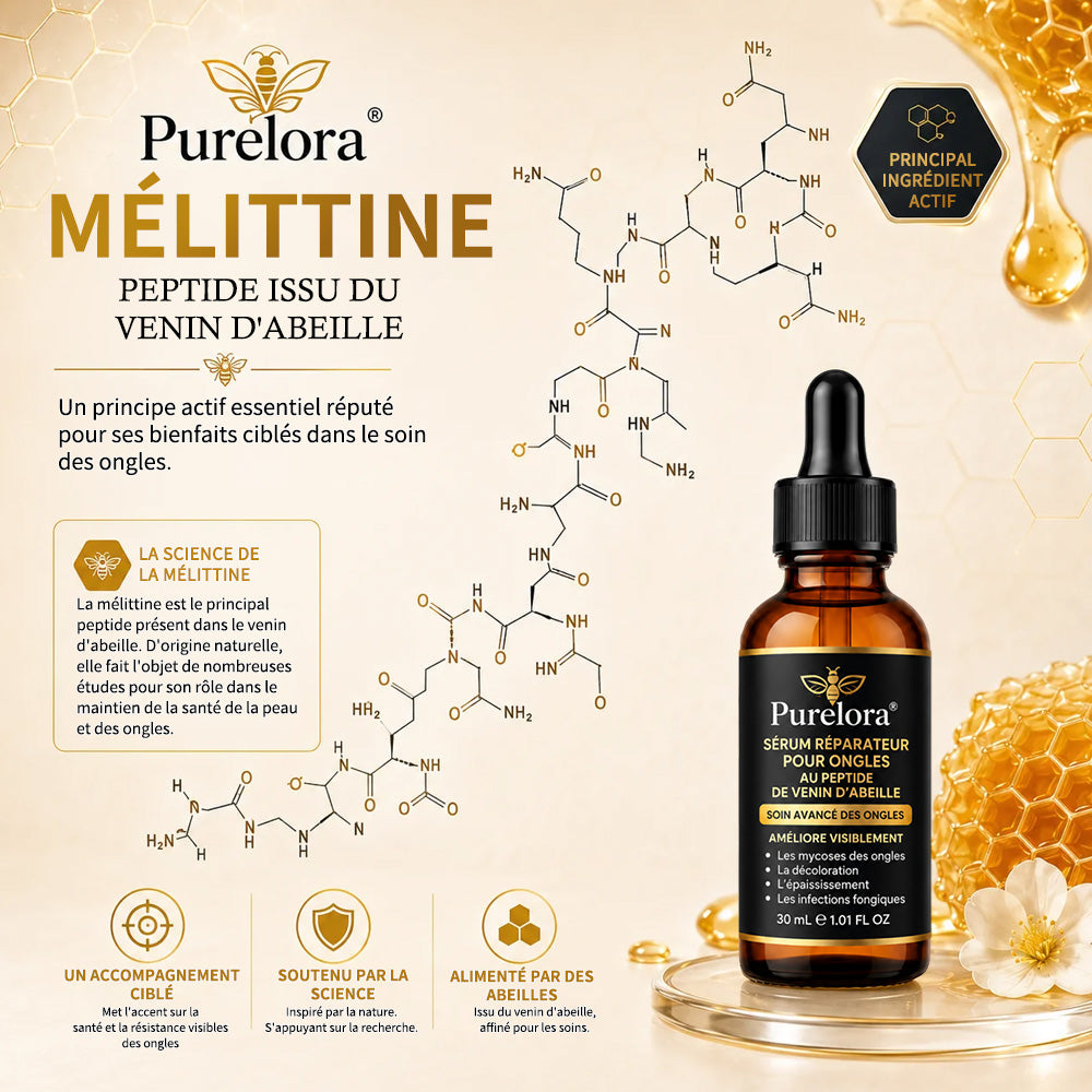 Sérum réparateur pour ongles et pieds Purelora® à base de peptides de venin d'abeille, pour le soin des mycoses des ongles, des ongles jaunes, des ongles épais et le soutien à la récupération du pied d'athlète.