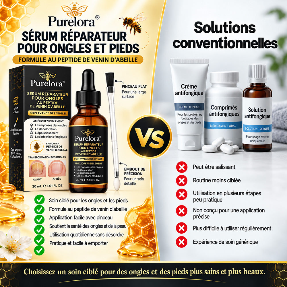 Sérum réparateur pour ongles et pieds Purelora® à base de peptides de venin d'abeille, pour le soin des mycoses des ongles, des ongles jaunes, des ongles épais et le soutien à la récupération du pied d'athlète.