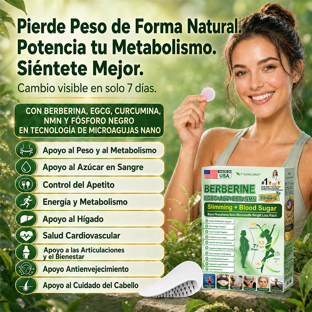 Boutique officielle Curalona® | Patch minceur à nano-aiguilles au phosphore noir Curalona® — Formule 12 en 1 : Berbérine + NMN + Vinaigre de cidre | Favorise la combustion des graisses | Résultats visibles en seulement 7 jours !