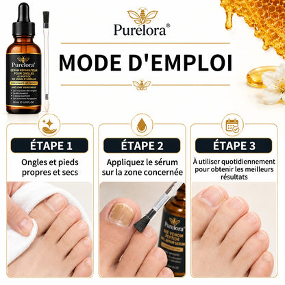 Sérum réparateur pour ongles et pieds Purelora® à base de peptides de venin d'abeille, pour le soin des mycoses des ongles, des ongles jaunes, des ongles épais et le soutien à la récupération du pied d'athlète.