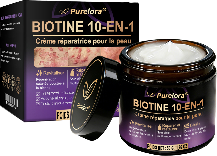 Fabriquée et expédiée depuis la France 🍁 Purelora® Crème réparatrice pour la peau à la biotine 10-en-1 — Dernier jour de promotion : -75 %